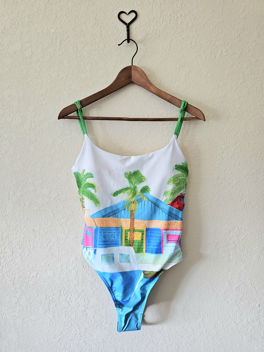 Cotton On White One-Piece Swimsuit with Tropical Beach Print and Green Straps